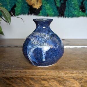 Studio Pottery Cobalt Blue Vase Handmade Drip Glaze MCM Style Bud Vase